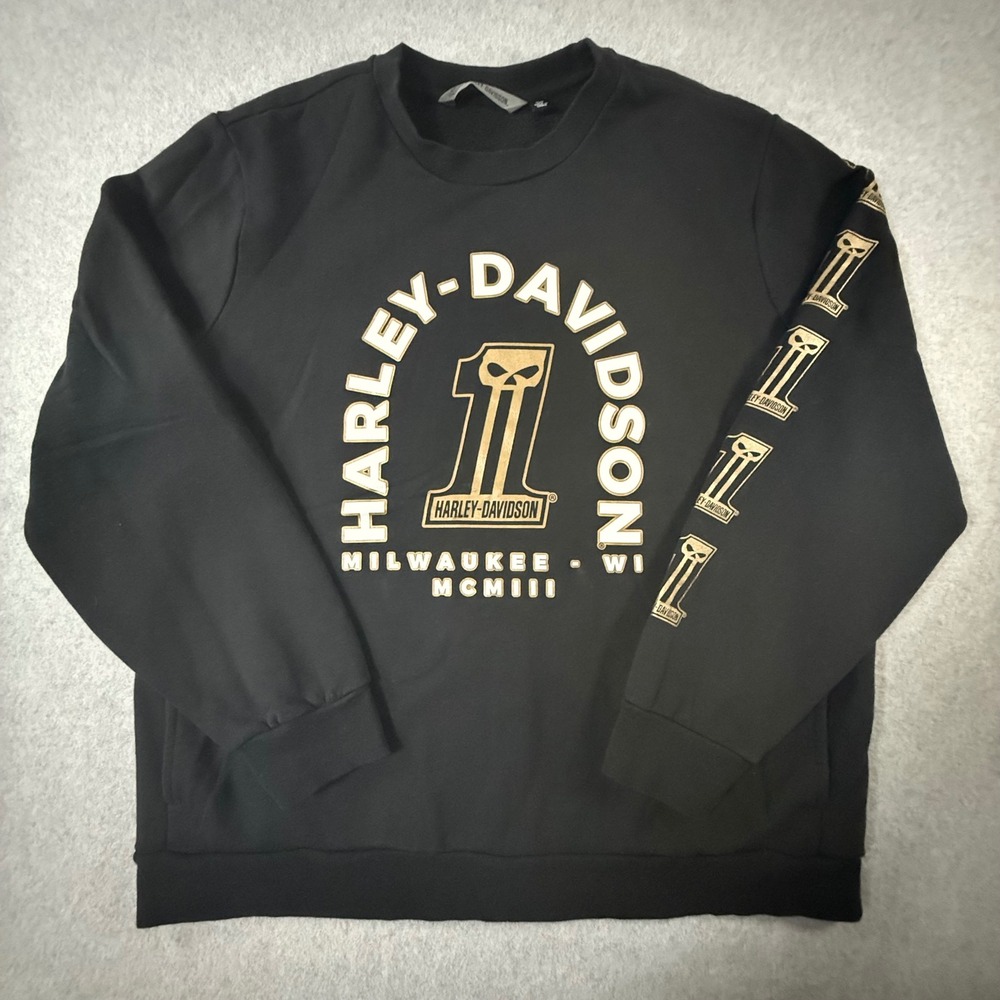 Harley-Davidson Mens 2XL Slim Black Gold Graphic Crewneck Sweatshirt Pockets